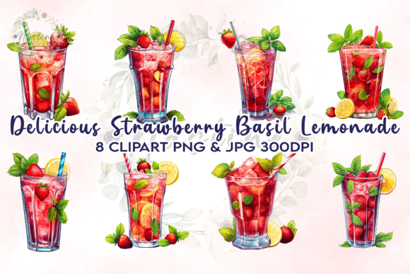 Download Strawberry Basil Lemonade Watercolor - Berry Collection