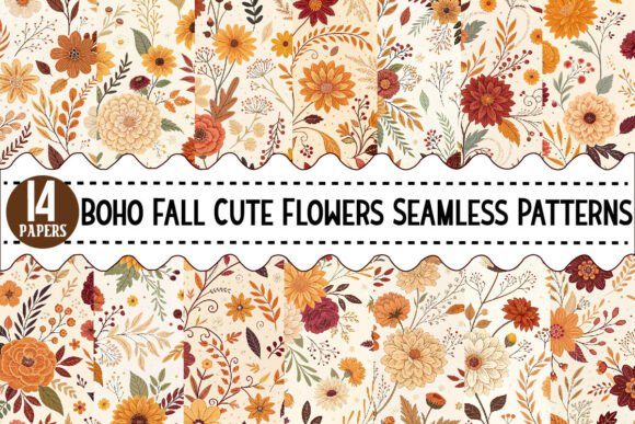 Download Boho Fall Cute Flowers Seamless Patterns - Seamless patterns Collection
