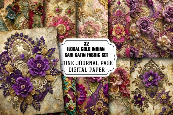 Download Floral Gold Indian Sari Satin Fabric Set - Satin Collection