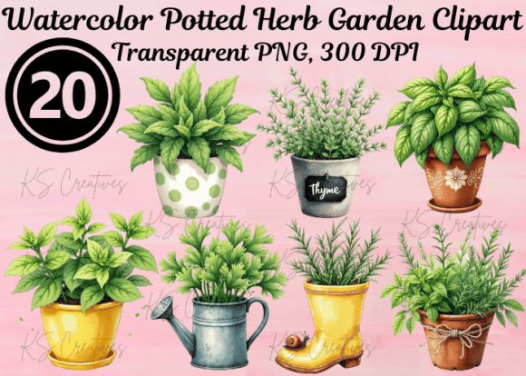 Download Watercolor Potted Herb Garden Clipart - Garden Collection